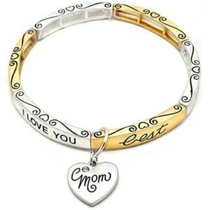 Mom Charm Bracelet Two-Toned Silver Gold Stretchy Bangle Mothers Day Gift